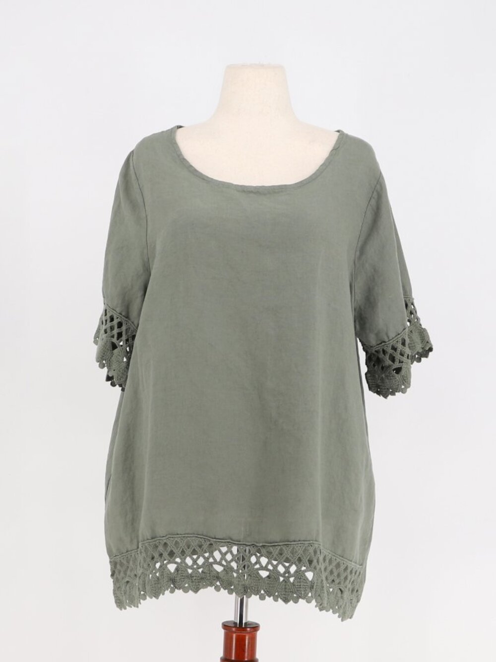 Lungo L'Arno Olive Green 100% Linen Crochet Lace Tunic Top Italy Size 1X